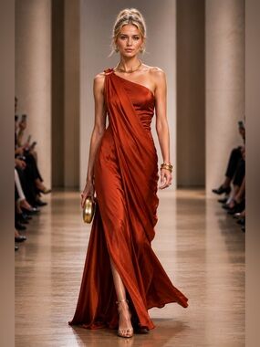 REVOLVE One-Shoulder Satin Gown in Rust